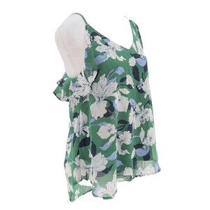 Fun & Flirt Green Floral Boho Ruffle Flowy Cottage Tank Top Blouse Size Medium
